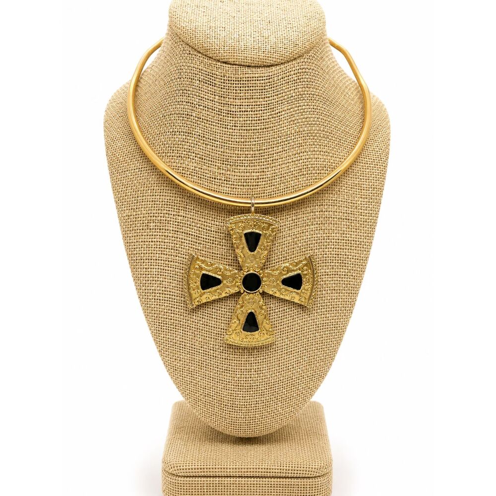 VINTAGE CROSS NECKLACE Gold Tone Black Enamel Byzantine Gothic Torque Collar 80s